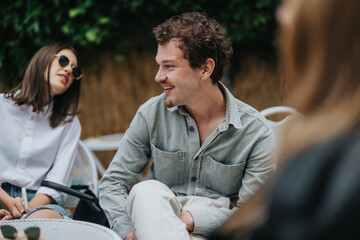 A friendly group of young adults sharing laughter and conversation during a relaxing outdoor meet...