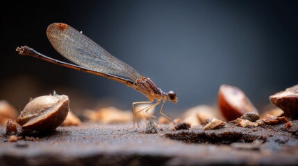 Damselfly on ground wings upright brown and tan body surrounded by bits of nuts and earth Dark blurred background