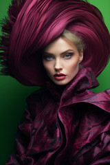 Stunning portrait of a model showcasing bold fashion and dramatic hairstyle against a vibrant green background