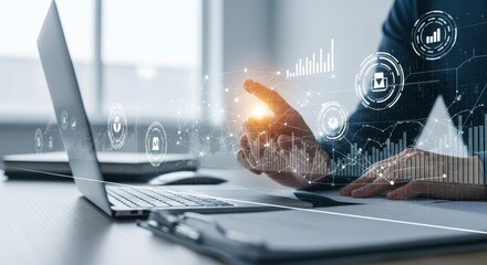 Professional analyzing data with laptop and network interface.