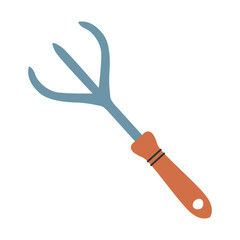 Hand cultivator. Small gardening tool with three tines for loosening soil and compost. Vector illustration.