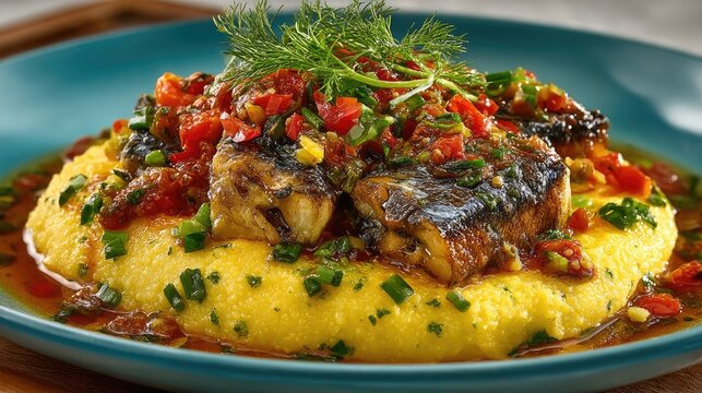 Barbados dish Cou-Cou and Flying Fish Cornmeal and okra mash with saucy seasoned flying fish