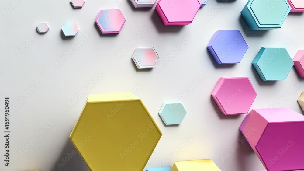 Poster shapes of various sizes and colors interact to create a vibrant, artistic arrangement that showcases