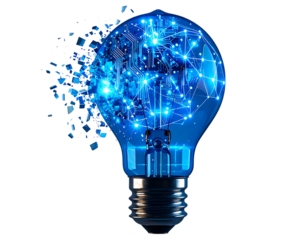 Futuristic Light Bulb Disintegrating into Digital Particles with Neon Glow, Side Perspective, Transparent Background