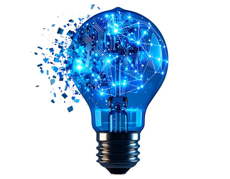 Futuristic Light Bulb Disintegrating into Digital Particles with Neon Glow, Side Perspective, Transparent Background
