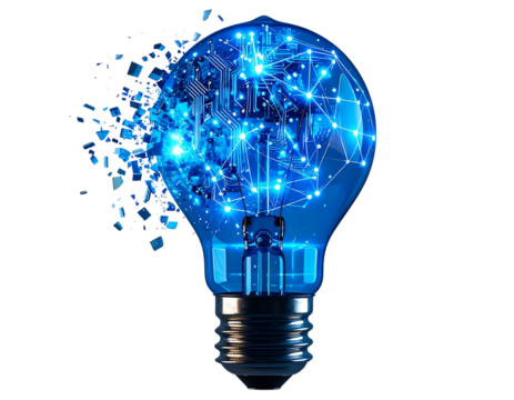 Futuristic Light Bulb Disintegrating into Digital Particles with Neon Glow, Side Perspective, Transparent Background