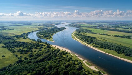 High-angle view of a winding river flowing through lush green countryside under a partly cloudy sky