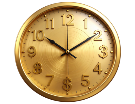 Golden Clock with Dollar Sign Numbers and Money Symbol Hands, Front View, Transparent Background - Powered by Adobe