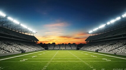 View of an American football stadium with lit field filled stands under a dusk sky - Powered by Adobe