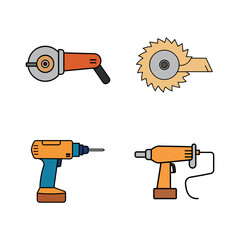 Collection of four different power tools for construction and diy