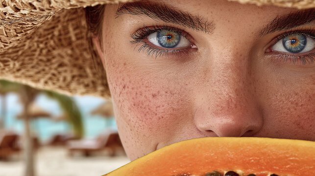 A woman is holding a piece of fruit in her mouth. The fruit is a yellow pineapple. The woman is wearing a straw hat and has blue eyes. The image has a tropical vibe