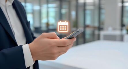 Business professional using mobile phone for digital calendar scheduling and planning