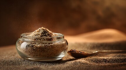 Glass jar filled with coarse salt and herbs next to a wooden spoon with salt on sandy surface spices