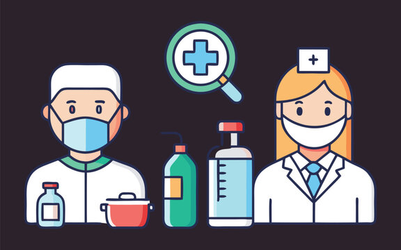 Health and safety line icons featuring mask sanitizer medical cross doctor and nurse in minimal style