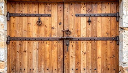 Rustic wooden door with aged iron hardware evokes history and craftsmanship showcasing textures and...