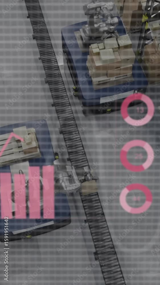 Poster animation of diagrams and data processing over machines working in warehouse