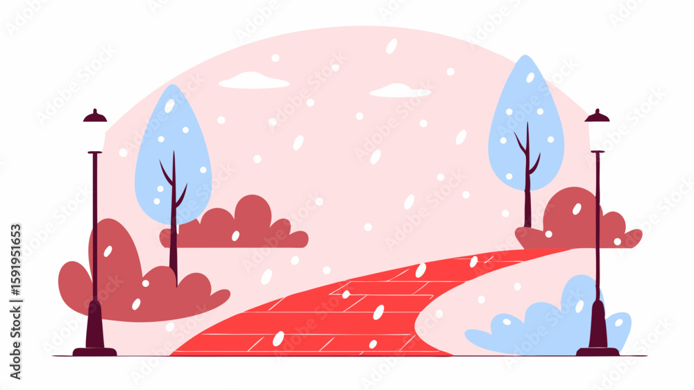 Poster vector red brick path winds through snowy park with colorful trees, creating serene winter scene
