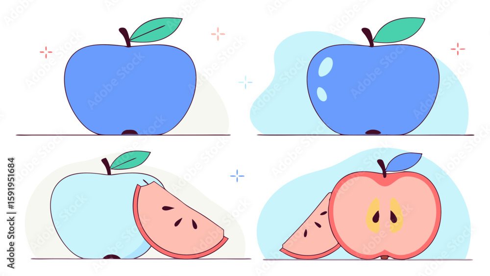 Poster vector set of colorful apples, showcasing whole and sliced versions, with playful design
