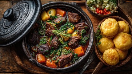 Namibia dish Potjiekos Meat and vegetable stew cooked in cast iron pot chunky and hearty