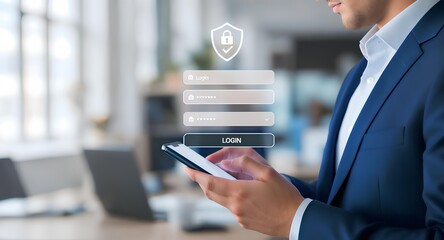 Man logging into secure online system on smartphone with cybersecurity concept