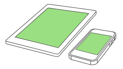 Vector line drawing green monitor of tablet and smartphone, Simple modern technology and design