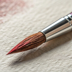 Close-Up of Fine Art Paintbrush Tip with Red Paint on Textured Paper

