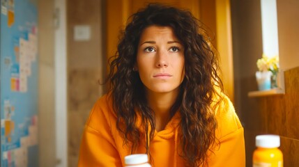 A woman with long hair is sitting in a room with a yellow hoodie on. She is looking at something on the ground