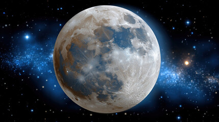 Stunning full moon shines brightly in vastness of space, surrounded by twinkling stars and cosmic dust, evoking sense of wonder and tranquility