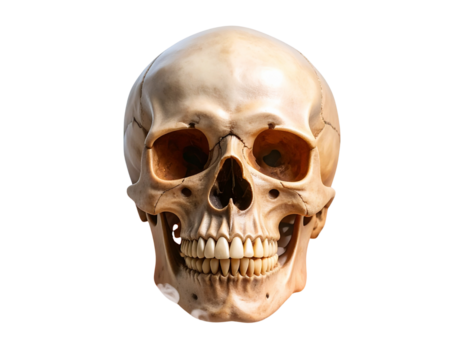 Grinning Human Skull Emerging from Dense Fog with Orange Glow, Front View, Isolated on Transparent Background