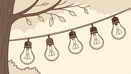 Vector Hanging light bulbs illuminate serene outdoor scene, creating warm atmosphere
