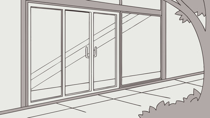 Vector Modern glass sliding door with sleek design, framed by greenery, enhances outdoor view