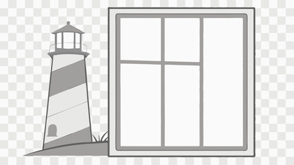 Vector Lighthouse stands beside large rectangular frame, creating serene coastal scene