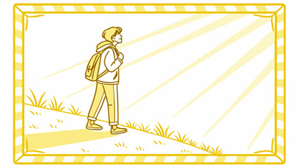 Vector Person walks along grassy path, basking in warm sunlight, evoking sense of adventure and freedom