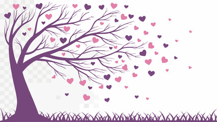 Vector Whimsical tree with branches adorned with pink and purple hearts, creating romantic atmosphere
