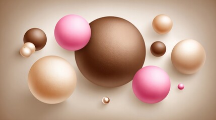 Arrangement of various sized spheres in shades of brown, pink, and beige.