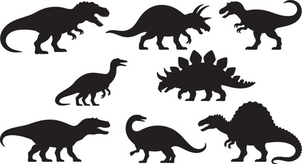Silhouette Dinosaurs Collection Tyrannosaurus Triceratops Stegosaurus Spinosaurus Isolated on Transparent Background