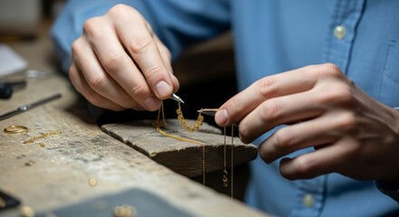 Jeweler meticulously repairs a delicate gold necklace with precision tools.
