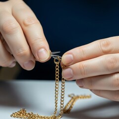 Hands Repairing Delicate Golden Chain with Precision Cutters