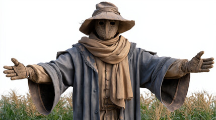 Mysterious figure stands cornfield, wearing tattered cloak and wide brimmed hat, with burlap mask covering face. atmosphere is eerie and evokes