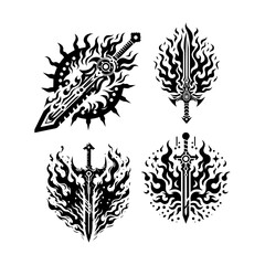 Fototapeta premium black and white flat silhouette, Gaming-themed tribal sword engulfed in flames