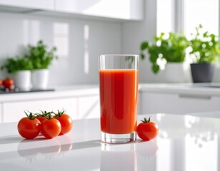 Close-up of a glass of fresh tomato juice on white kitchen table. 