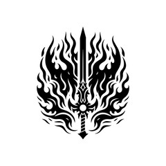 Obraz premium black and white flat silhouette, Gaming-themed tribal sword engulfed in flames