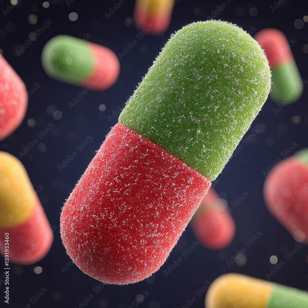 Poster a colorful pill is shown in the air with other pills in the background. the pill is made of candy an
