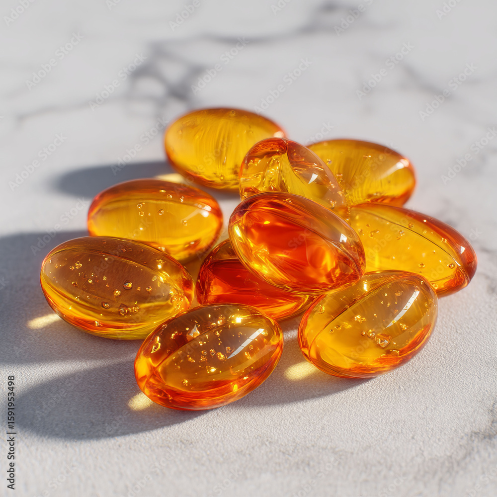 Poster a pile of orange pills on a white surface. the pills are small and round, and they are all the same 