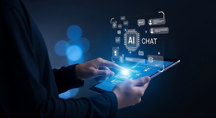 Person interacting with A I chat interface on tablet artificial intelligence chatbot