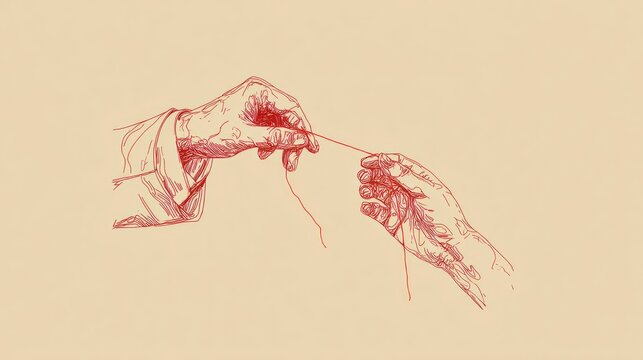 Two hands connecting with a red thread
