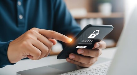 Person logging into smartphone with password login security