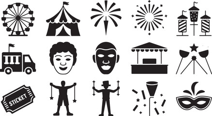 Carnival and Fair Icons Set Amusement Park Festival Circus Entertainment Fun Games Rides Performers Ticket