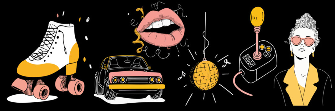 Set of 1980s and 1990s vintage doddle style vector design elements