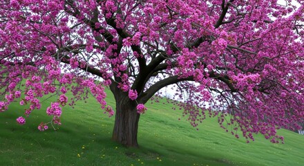 Vibrant Eastern Redbud Tree in Full Bloom on a Grassy Hillside